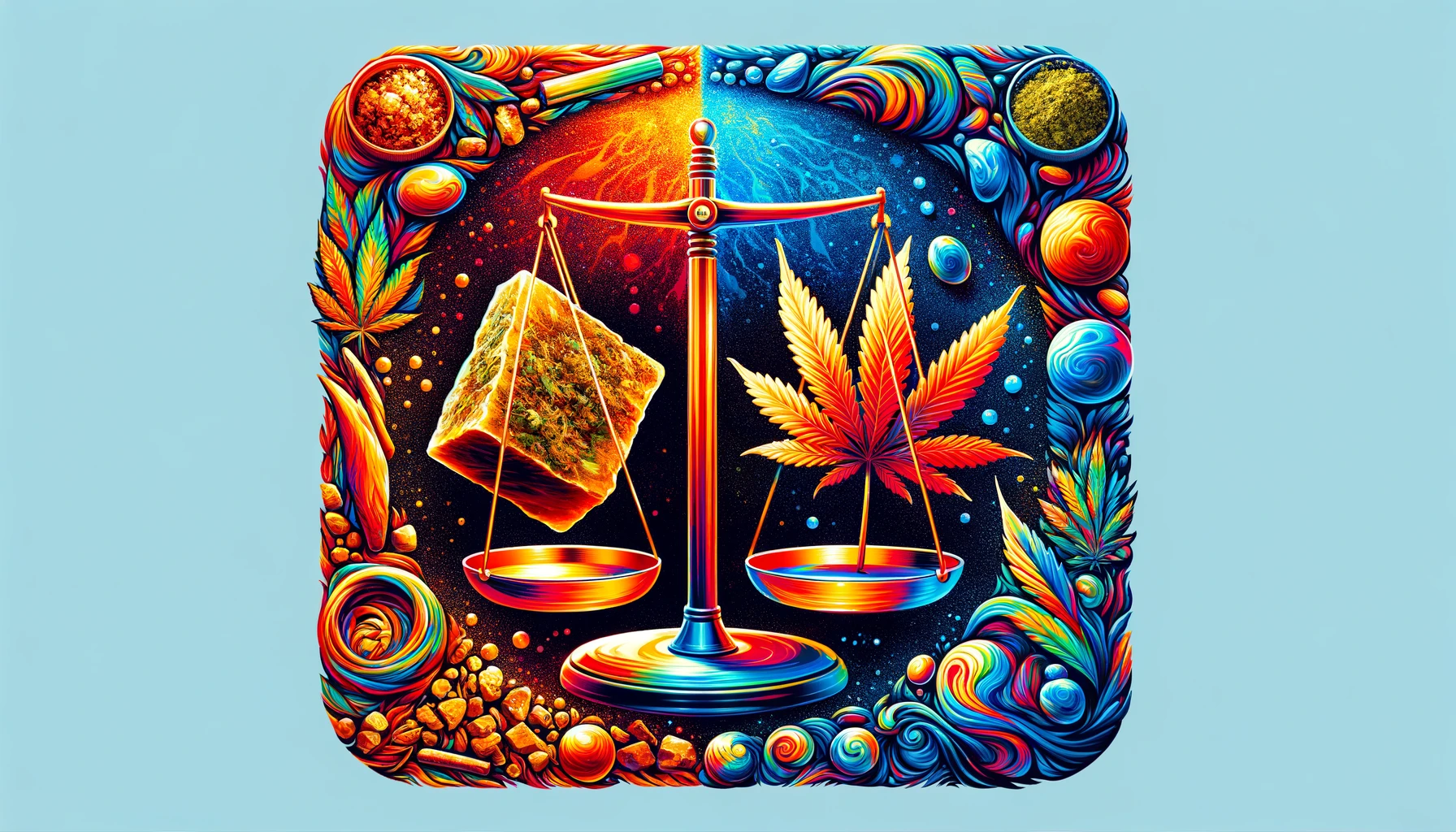 Dall·e 2024 02 07 14.35.26 A Vibrant And Artistic Cover Photo For An Article Titled Hash Vs. Weed  Comparing Effects Uses And Preferences. The Image Should Depict Symbols Re