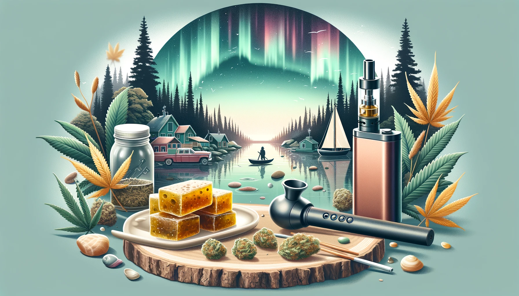 Dall·e 2024 02 12 12.42.03   A Creative And Engaging Cover Photo For A Blog About Cannabis Hash, Featuring Elements Such As A Vaporizer, A Small Block Of Hash, A Serene Canadian L