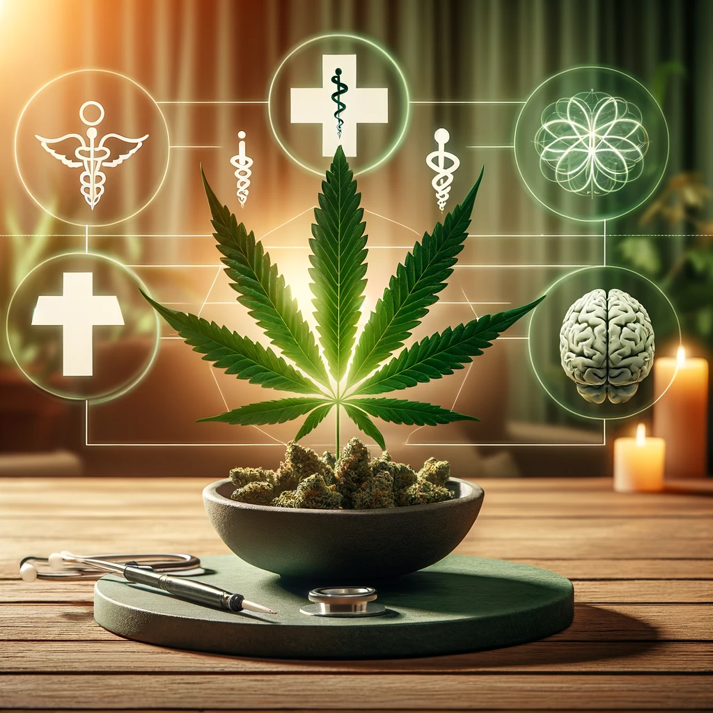 Dall·e 2024 02 22 10.24.15   A Serene And Informative Cover Photo For A Blog Post Titled 'exploring The Health Benefits Of Cannabis  Fact Vs. Fiction'. The Image Should Depict A B