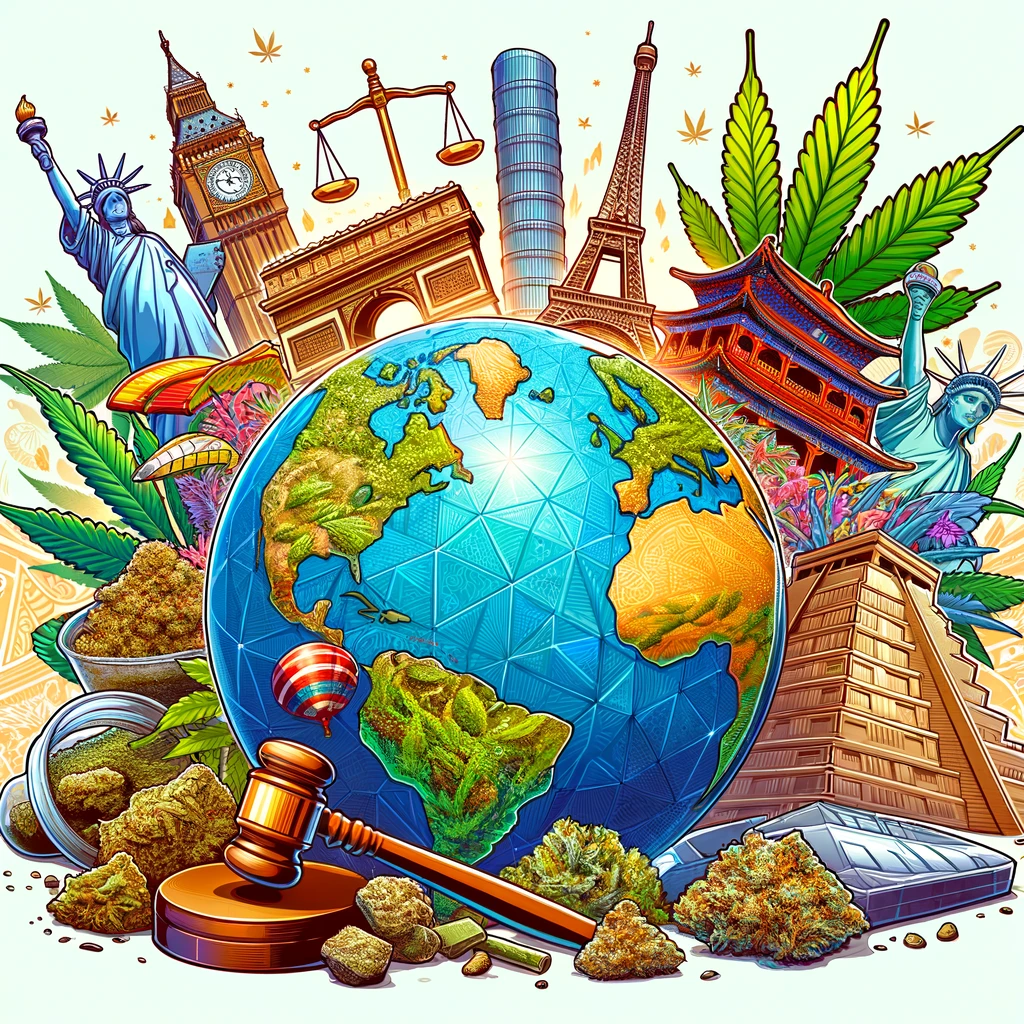 Dall·e 2024 02 23 12.14.40   Create A Cover Photo For A Blog Post Titled 'hash Around The World  Cultural Significance And Legal Status'. The Image Should Depict A Globe With Icon