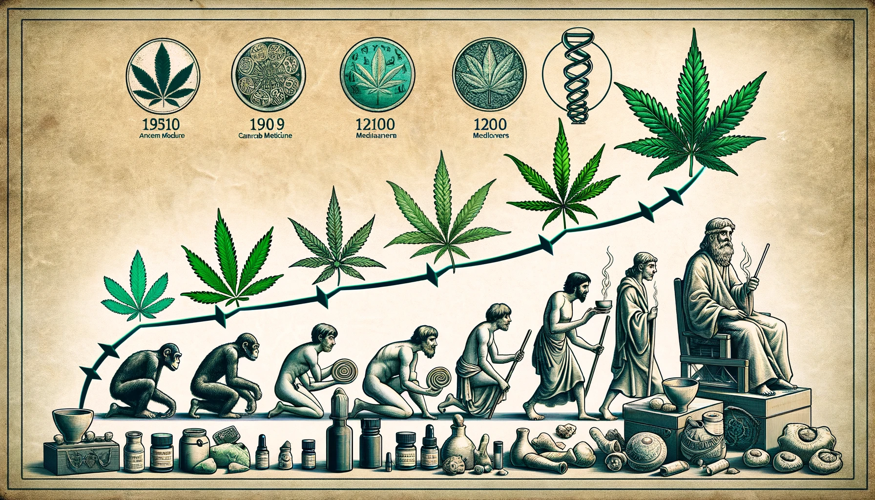 Dall·e 2024 02 26 13.30.48   Create A Cover Photo For A Blog Article Titled 'the History Of Cannabis  From Ancient Medicine To Modern Market'. The Image Should Feature A Timeline