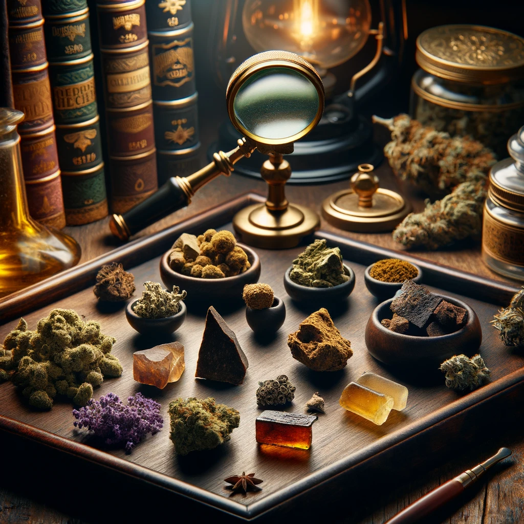 Dall·e 2024 02 27 10.28.30   A Sophisticated And Artistic Representation Of Various Types Of Cannabis Hash On A Luxurious, Dark Wooden Table, Showcasing Different Textures And Col