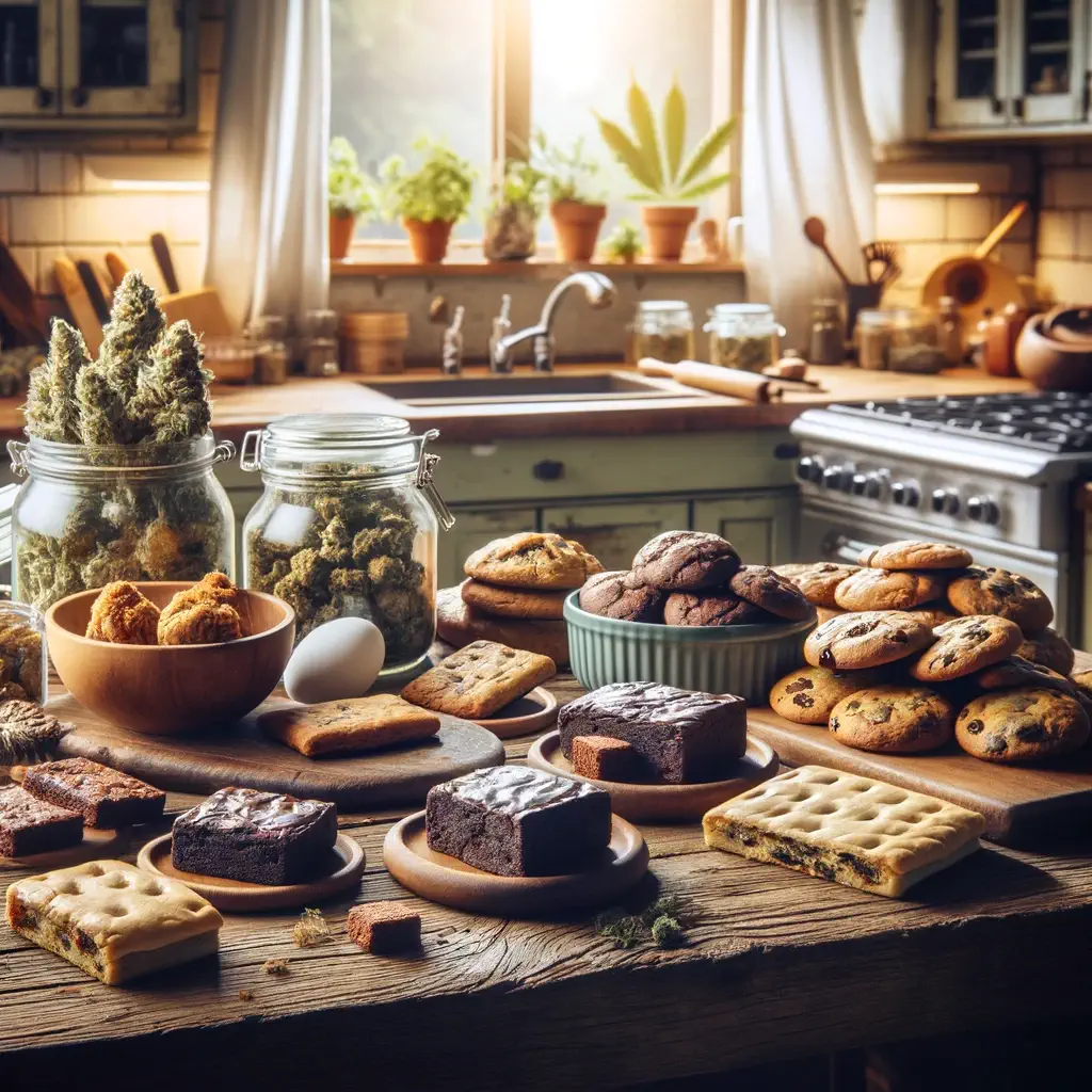 Dall·e 2024 02 28 11.11.01   A Cozy, Inviting Kitchen Filled With Various Cannabis Infused Dishes Spread Across A Rustic Wooden Table, Highlighting Cookies, Brownies, And Savory T (1)