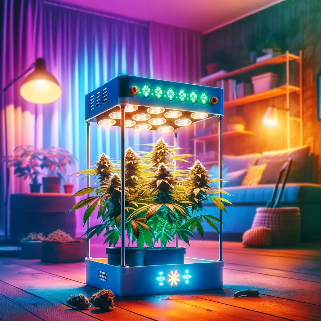 Dall·e 2024 03 05 10.59.07   A Vibrant And Inviting Image Of A Home Cannabis Cultivation Setup, Featuring A Small Indoor Grow Tent With Led Lights Illuminating Several Healthy Can (1)