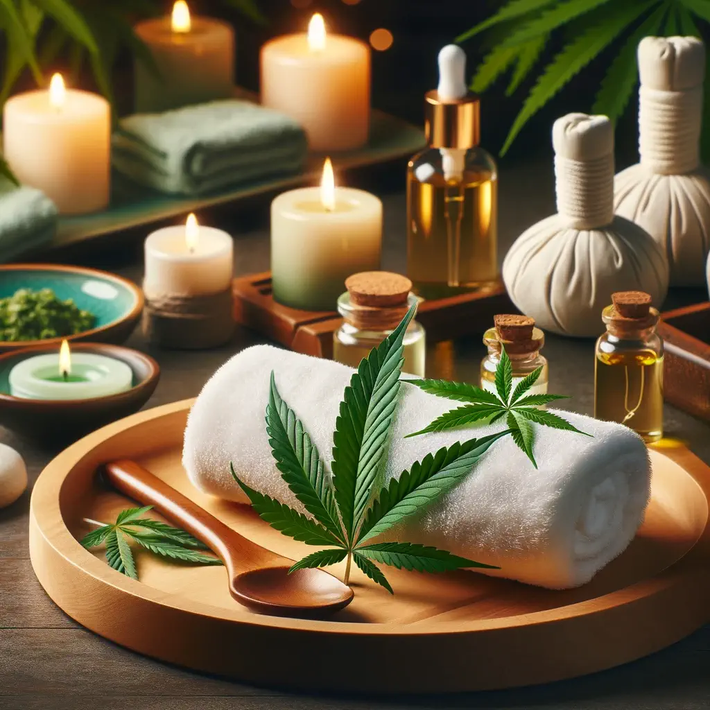 Dall·e 2024 03 08 11.07.55   A Serene And Luxurious Spa Setting With Cannabis Leaves Subtly Incorporated Into The Decor, Reflecting A Calming And Wellness Focused Atmosphere. Incl (1)