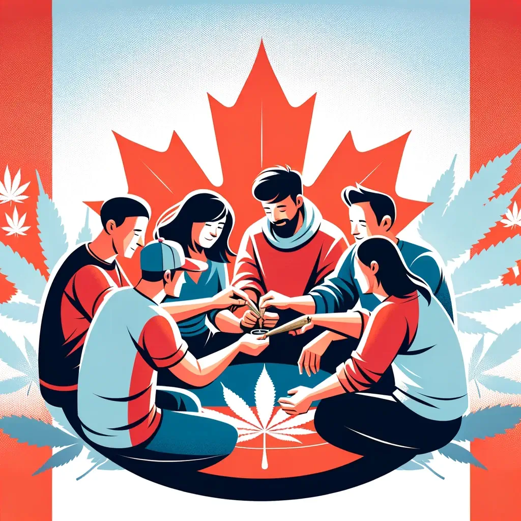 Dall·e 2024 03 14 10.00.42   Create A Cover Photo For A Blog About The Social Etiquette Of Hash Consumption In Canada, Featuring A Stylized Image Of A Group Of People In A Friendl (1)