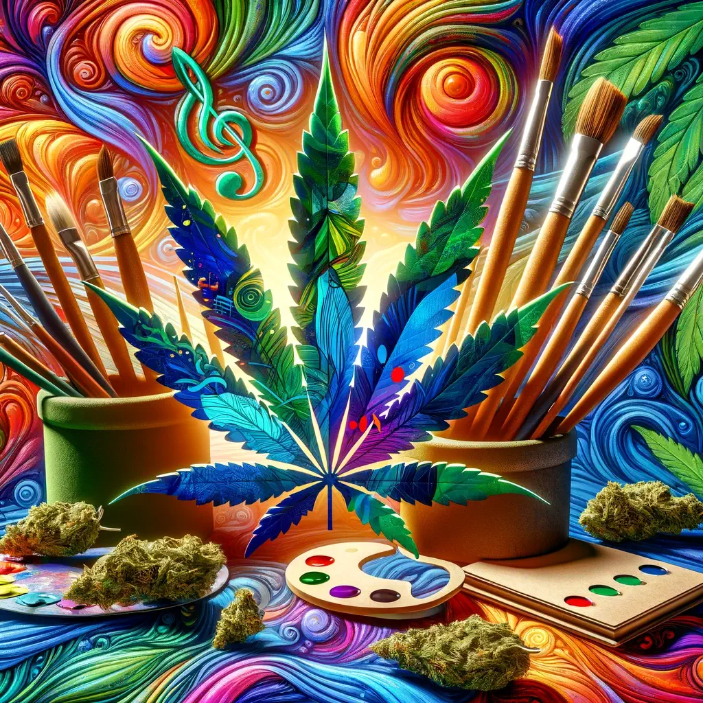 Dall·e 2024 03 15 10.45.45   A Vibrant And Artistic Cover Photo For A Blog Post Titled 'cannabis And Creativity  Exploring Its Influence On Art And Music'. The Image Should Combin (1)