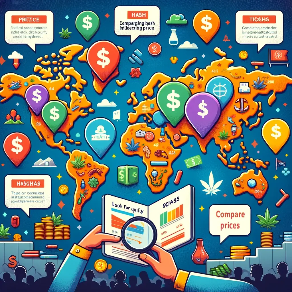 Dall·e 2024 04 08 10.16.24   A Creative And Informative Illustration Showcasing The Concept Of 'comparing Hash Prices Globally   Factors Influencing Price  Tips For Budget Conscio (1)