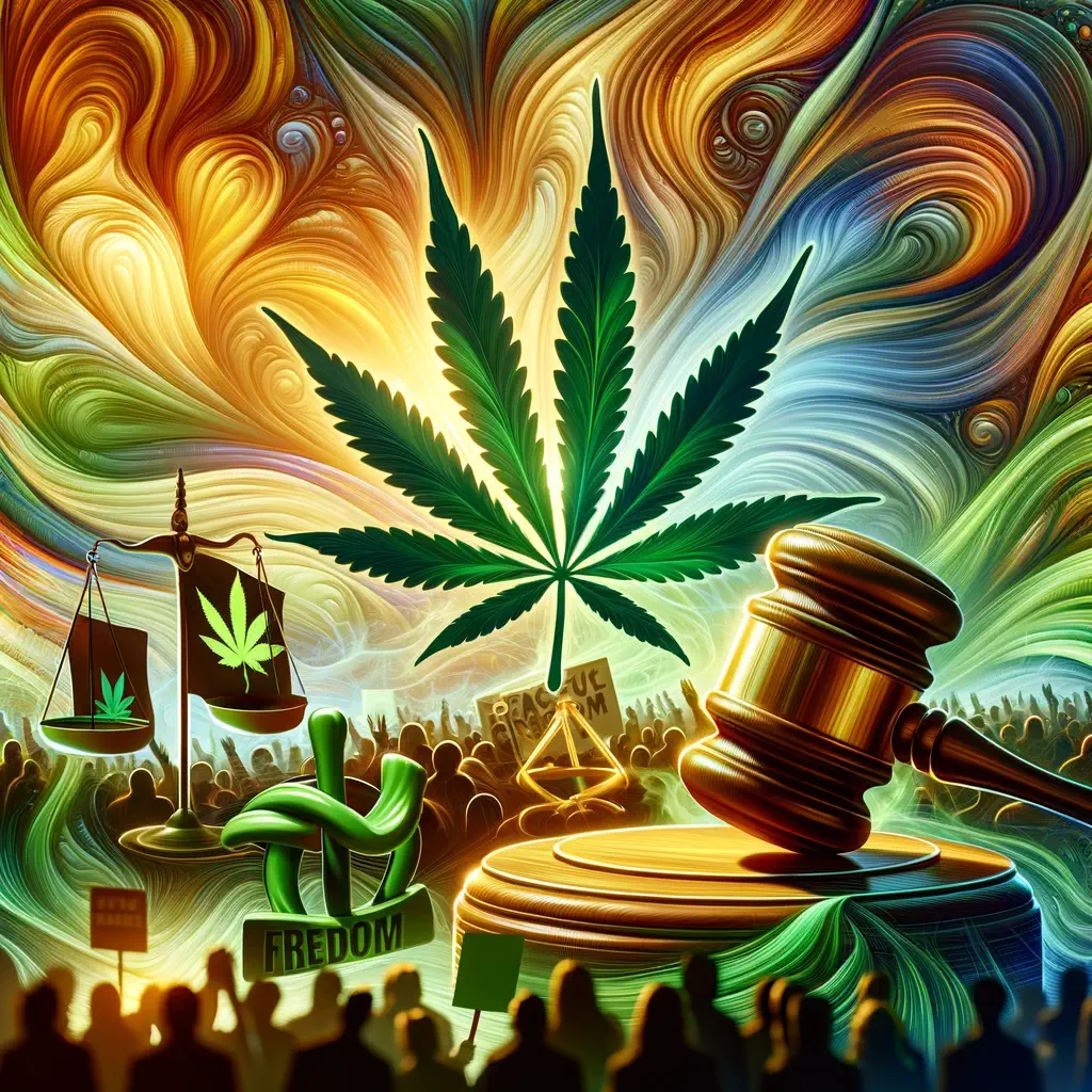 Dall·e 2024 04 23 10.55.10   An Abstract Illustration Depicting The Theme Of Cannabis Advocacy, Focusing On The Movement For Legalization. The Image Features Vibrant, Swirling Col (1)