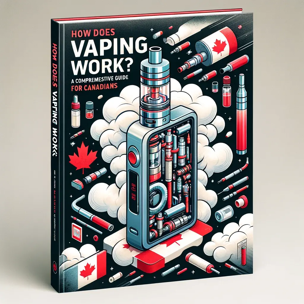 Dall·e 2024 04 29 11.42.05   A Visually Informative Book Cover Titled 'how Does Vaping Work  A Comprehensive Guide For Canadians'. The Cover Features A Large, Sleek Vaping Device (1)