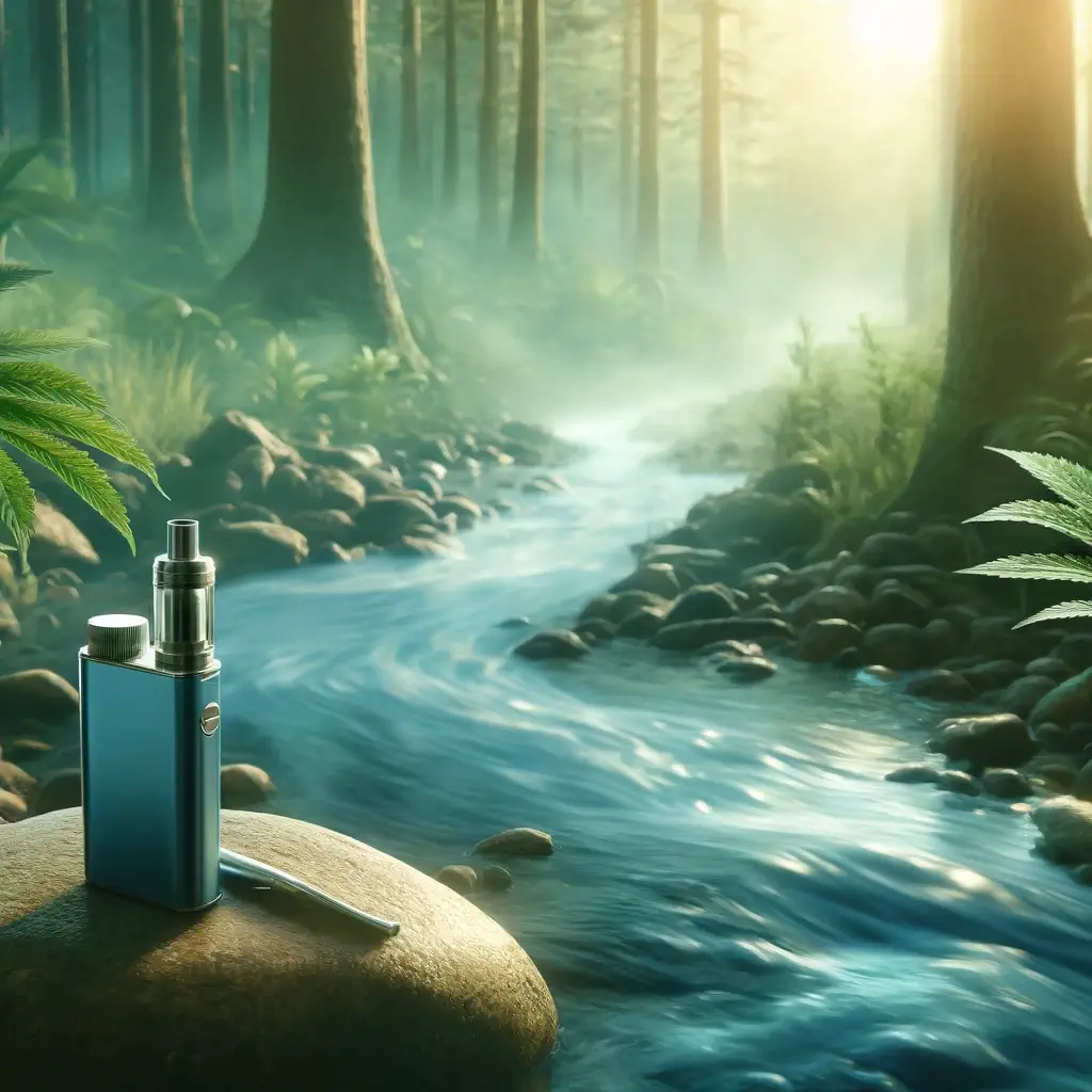 Dall·e 2024 04 30 12.18.34   A Serene And Calming Nature Scene Symbolizing Relaxation And Pain Relief From Vaping Thc And Cbd. The Image Features A Gentle Stream Flowing Through A (1)