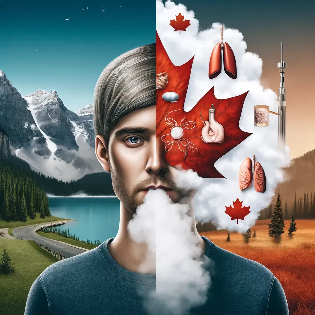 Dall·e 2024 05 02 13.35.46   A Visually Compelling Image Illustrating The Immediate Effects Of Vaping, Designed For A Canadian Audience. The Scene Is Split. On One Side, A Serene (1)