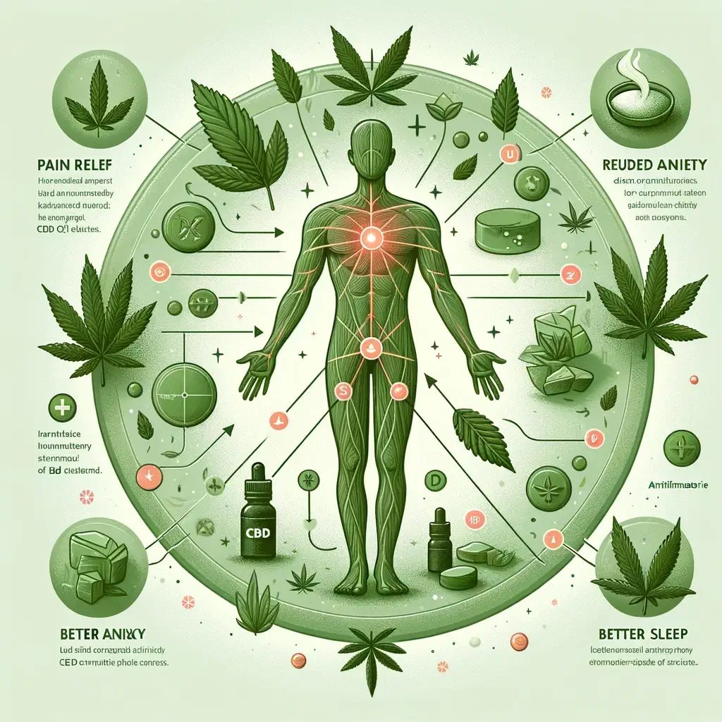 Dall·e 2024 05 06 11.16.35   An Educational Illustration Showcasing The Health Benefits Of Cbd. The Image Features A Central Diagram With Arrows Pointing To Different Parts Of The (1)