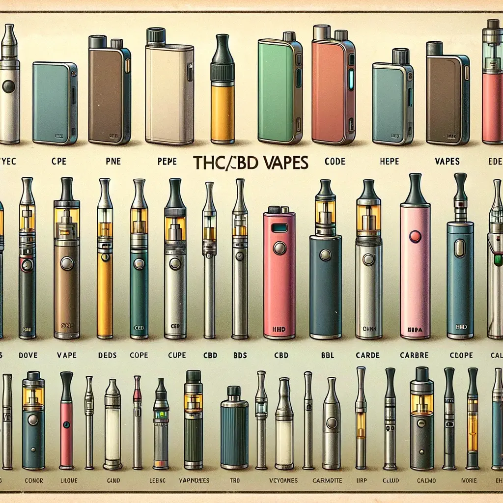 Dall·e 2024 05 08 11.58.36   An Educational Illustration Showing Different Types Of Thc Cbd Vapes. The Image Includes A Variety Of Vape Designs Such As Pen Style Vapes, Portable V (1)