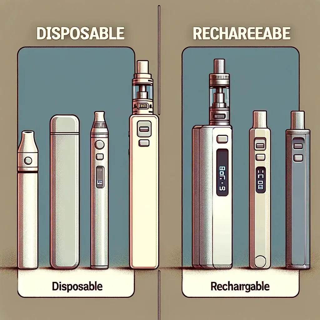 Dall·e 2024 05 09 11.08.58   An Educational Illustration Showing The Comparison Between Disposable And Rechargeable Vapes. On The Left, A Disposable Vape, Simple In Design, Typica (1)