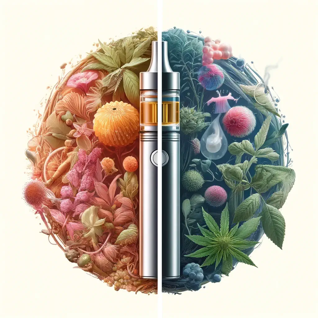 Dall·e 2024 05 14 10.56.40   A Split Style Image Illustrating 'full Spectrum Vs. Isolate Vapes'. On The Left Side, A 'full Spectrum' Vape With A Colorful, Organic Appearance, Feat (1)