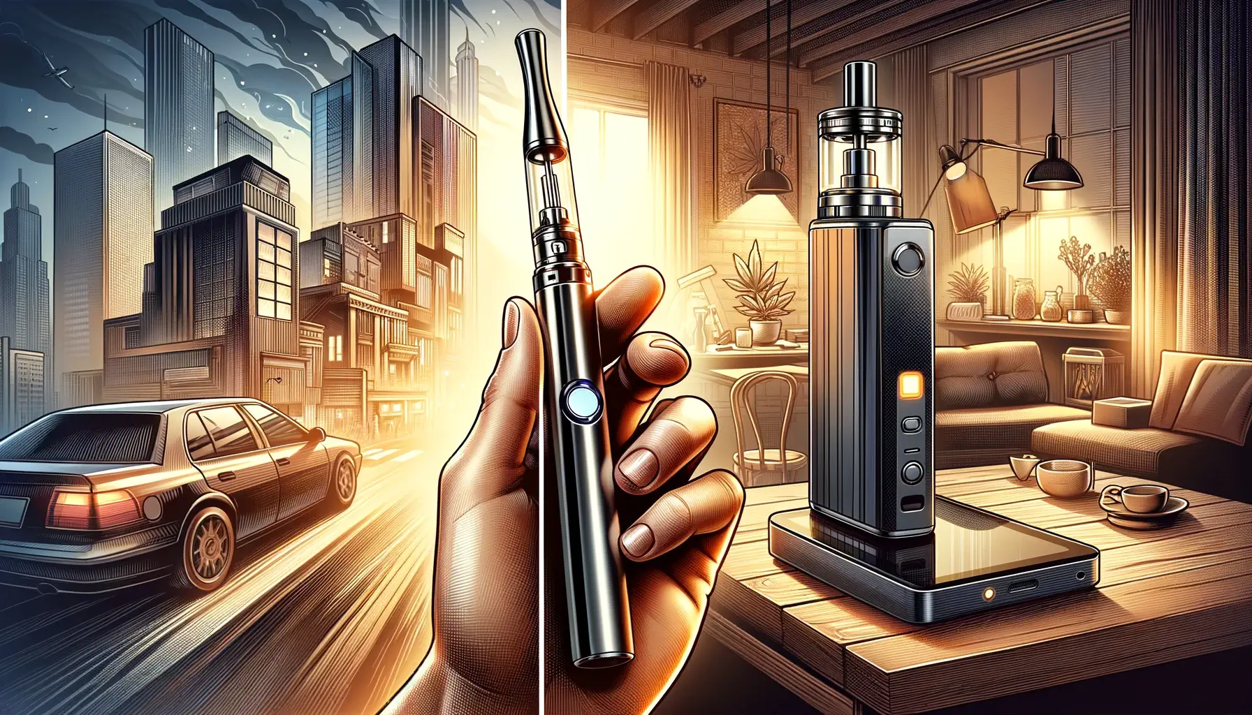 Dall·e 2024 05 15 13.29.31   An Illustrative Image Split Into Two Scenes  On The Left, A Sleek, Modern Vape Pen, Either In A User's Hand Or Resting On A Small Table, Highlighting (1)