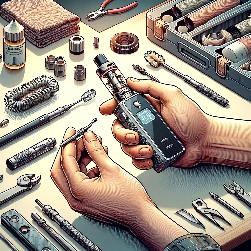 Dall·e 2024 05 27 11.33.22   A Detailed Illustration Of 'maintaining Your Vape Device'. The Image Shows A Hand Holding A Vape Device, With The Other Hand Using A Small Tool To Cle (1)