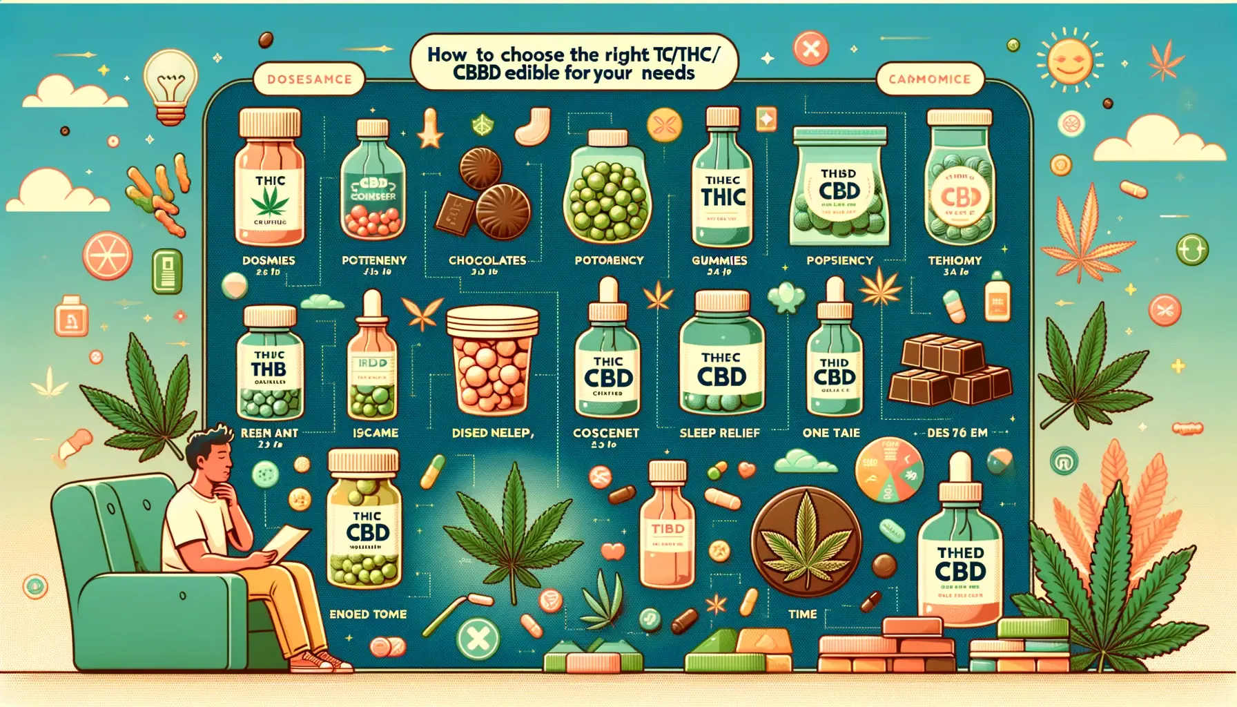 Dall·e 2024 05 29 11.10.41   A Detailed Illustration Of A Guide On 'how To Choose The Right Thc Cbd Edible For Your Needs'. The Image Features A Variety Of Thc And Cbd Edibles Suc (1)