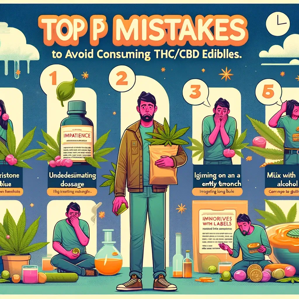 Dall·e 2024 06 04 13.39.03   An Informative And Visually Engaging Image Showing The Top 5 Mistakes To Avoid When Consuming Thc Cbd Edibles. The Image Is Divided Into Five Sections (1)