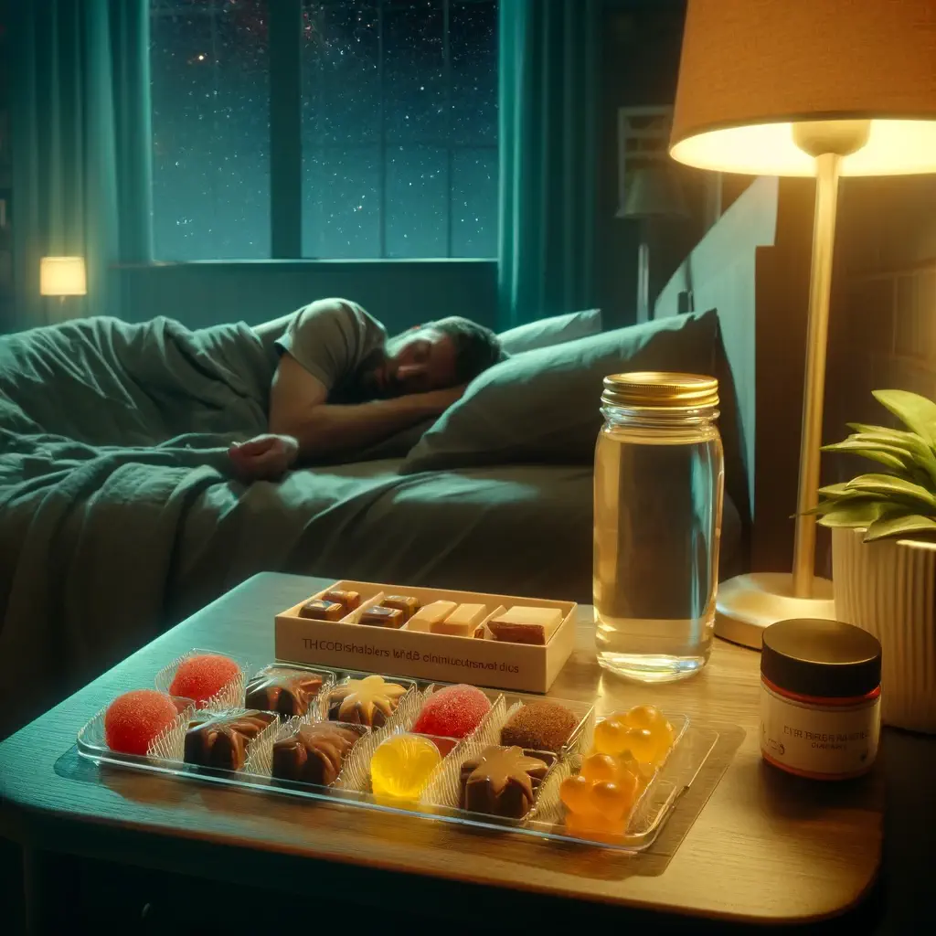 Dall·e 2024 06 12 12.01.37   A Cozy Bedroom Scene At Night, With A Calm, Relaxed Atmosphere. A Bedside Table Has A Few Neatly Arranged Thc Cbd Edibles Like Gummies And Chocolates, (1)