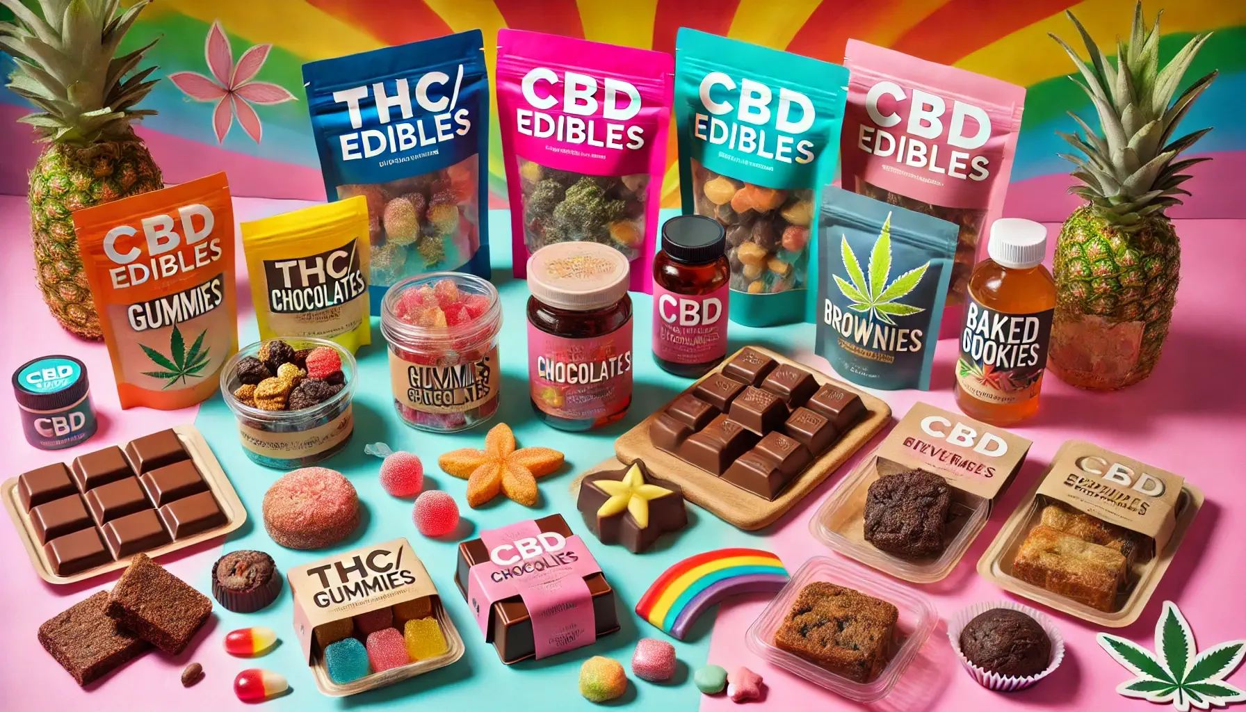 Dall·e 2024 06 20 13.07.47   An Array Of Different Thc Cbd Edibles Displayed On A Colorful, Appetizing Background. The Selection Includes Gummies In Various Shapes And Colors, Ric (1)