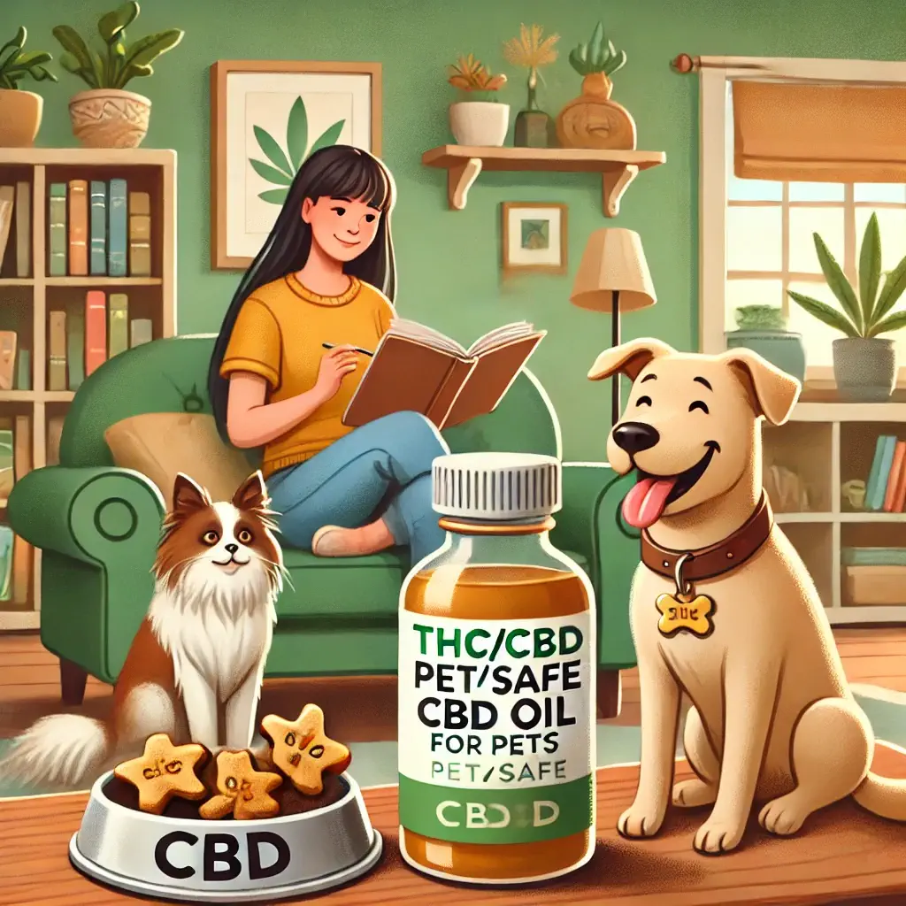 Dall·e 2024 07 04 12.01.52   A Friendly And Informative Scene Depicting Thc Cbd Edibles For Pets. The Image Shows A Cozy Living Room With A Pet Owner Carefully Reading A Label On (1)