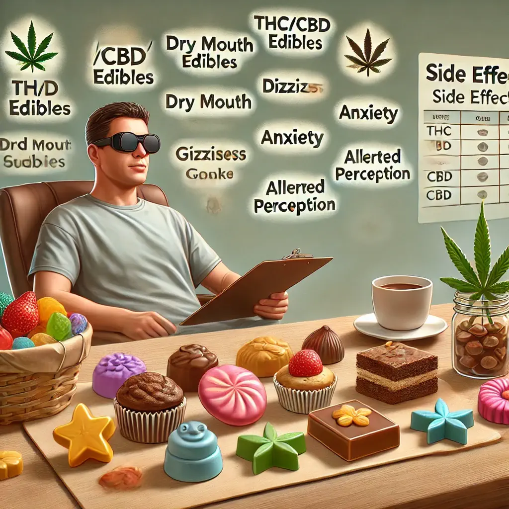 Dall·e 2024 07 10 15.07.34   A Detailed Illustration Of A Person Sitting At A Table With Various Thc Cbd Edibles In Front Of Them, Such As Gummies, Chocolates, And Baked Goods. Ar (1)