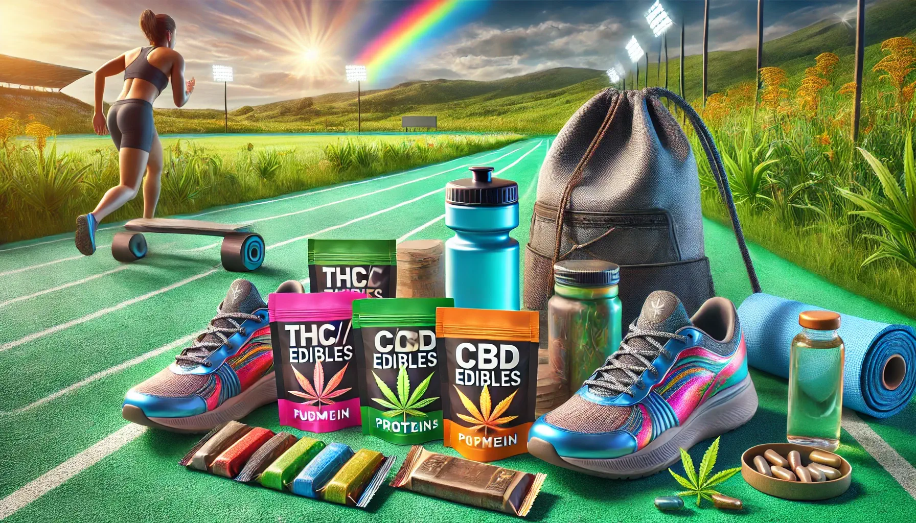 Dall·e 2024 07 15 12.37.37   A Vibrant Scene Featuring An Athlete's Gear Including Running Shoes, A Water Bottle, And A Gym Bag. In The Foreground, There's A Variety Of Thc Cbd Ed (1)