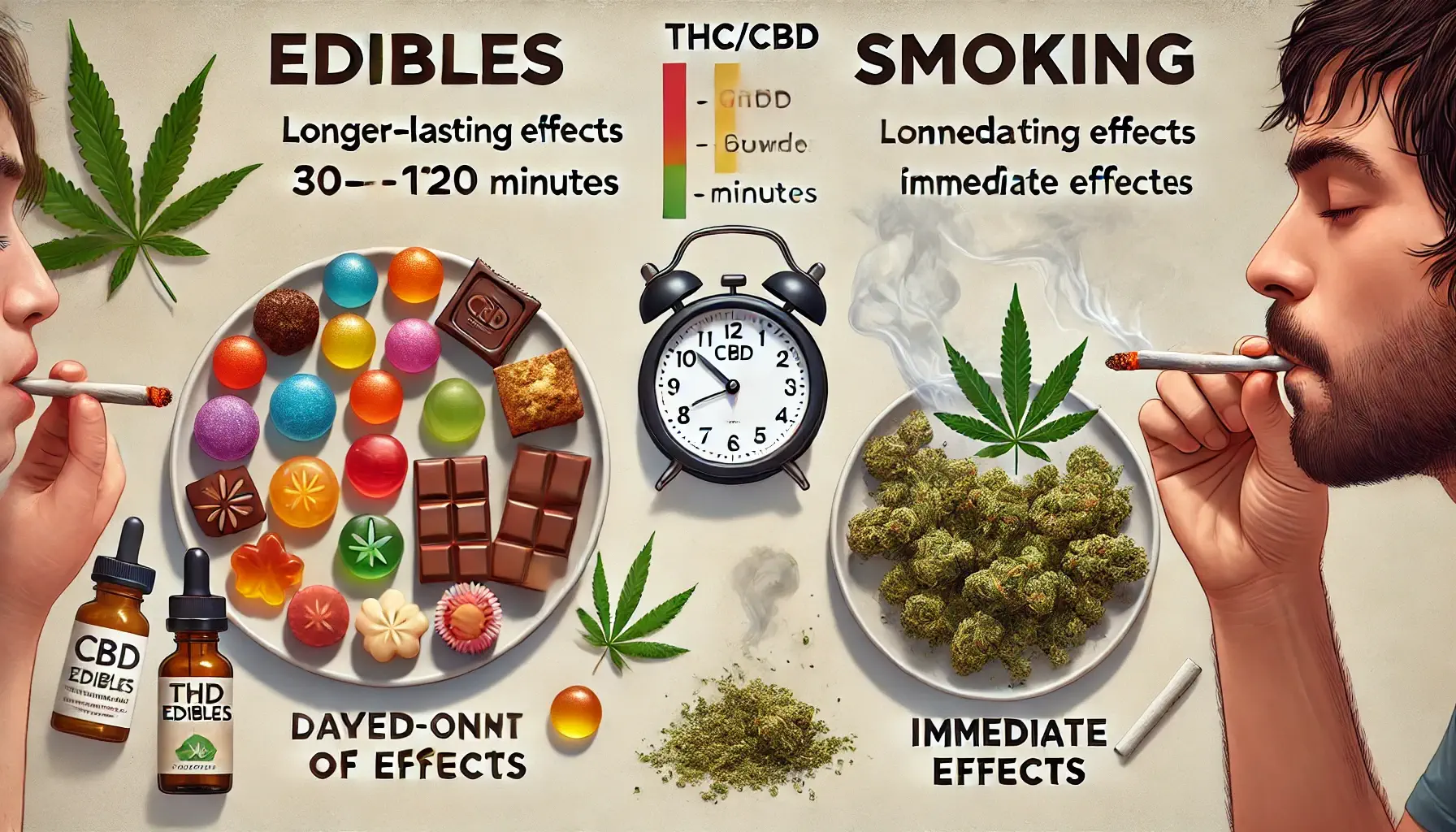 Dall·e 2024 07 17 13.03.17   A Split Screen Image Comparing Two Methods Of Marijuana Consumption  Edibles Vs. Smoking. On The Left Side, Show A Variety Of Colorful Thc Cbd Edibles (1)