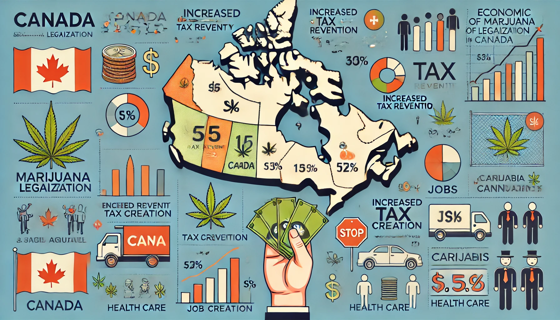 Dall·e 2024 07 22 12.18.03   A Detailed Infographic Illustrating The Economic Impact Of Marijuana Legalization In Canada. The Image Should Include A Map Of Canada With Key Economi