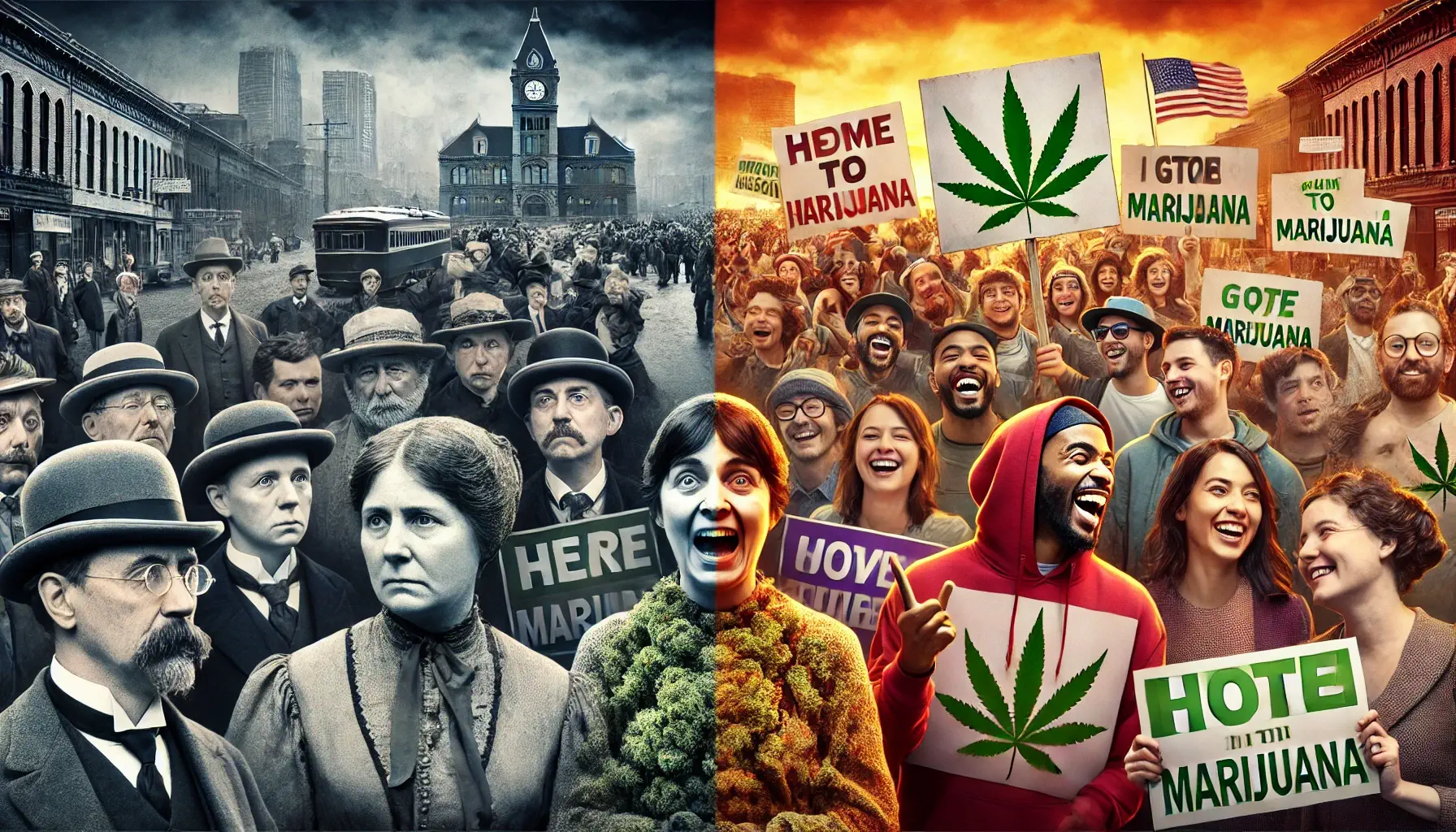 Dall·e 2024 07 30 12.39.51   A Split Screen Image Depicting The Changing Perceptions And Attitudes Towards Marijuana. On The Left Side, Show A Historical Scene With People Express (1)