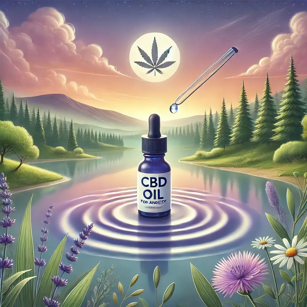 Dall·e 2024 08 26 11.29.57   Create An Image That Visually Represents The Concept Of 'cbd Oil For Anxiety  How It Can Help Calm Your Mind Naturally.' The Background Should Feature (1)