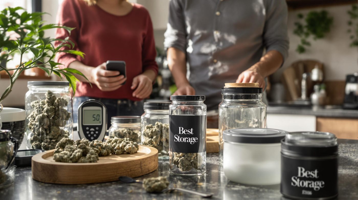 Two people review glass cannabis containers in a Canadian kitchen