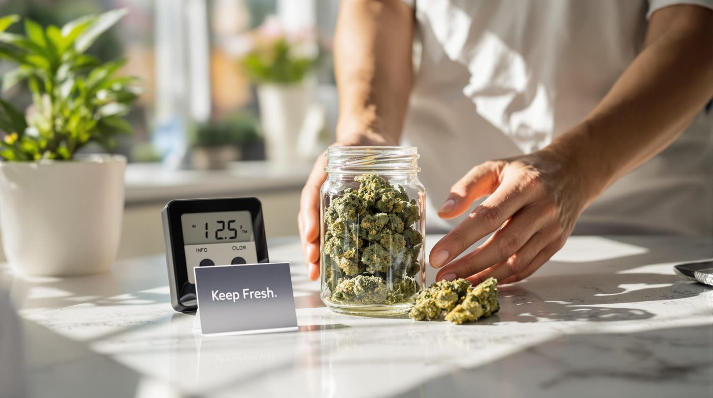 Person holding glass jar of cannabis and card reading Keep Fresh