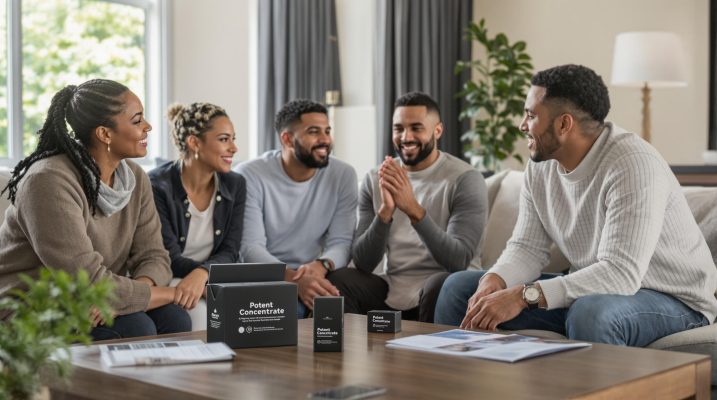 Group discussing shatter product in Canadian living room, focusing on potency