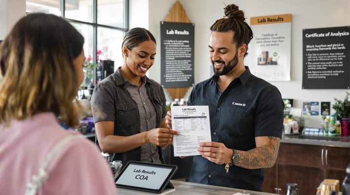 Shopper and budtender reviewing cannabis lab results in a dispensary