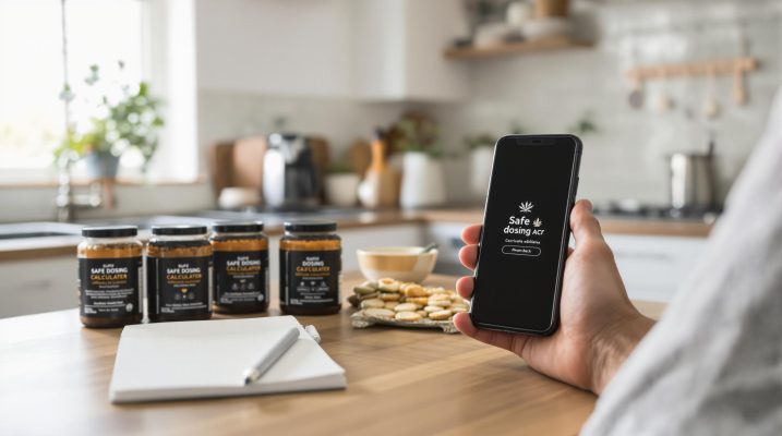 Person using edible dosage calculator app with cannabis edibles at kitchen table