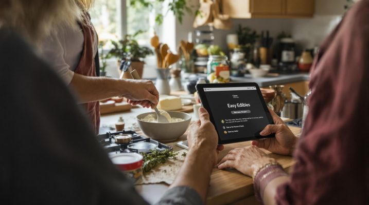Two adults making cannabis edibles in modern Canadian kitchen