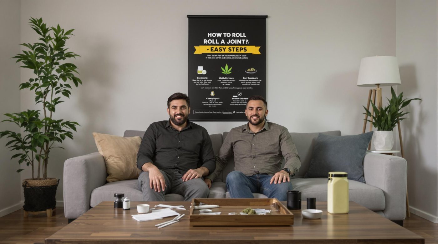 Adults preparing to roll a joint with supplies on a table
