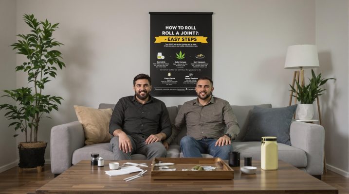 Adults preparing to roll a joint with supplies on a table