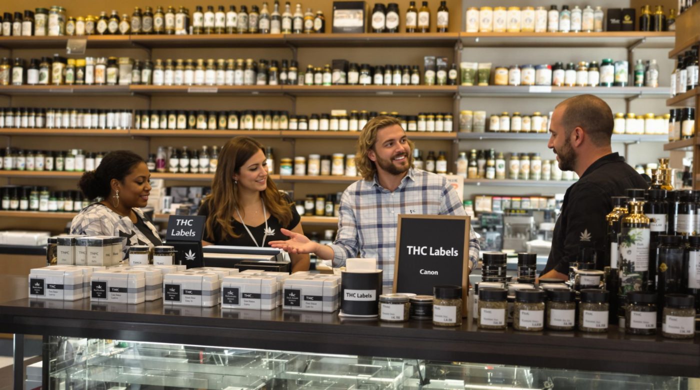Adults reading THC labels together at a dispensary counter