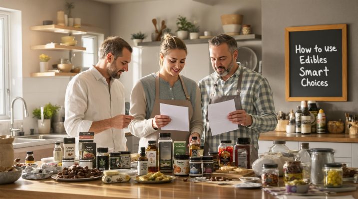 Adults in Canadian kitchen reviewing packaged edibles with 'Smart Choices' text