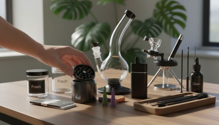 Collection of premium cannabis accessories on table