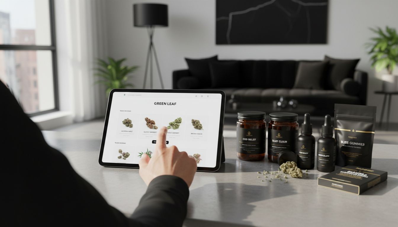 Digital cannabis shopping on tablet in modern workspace