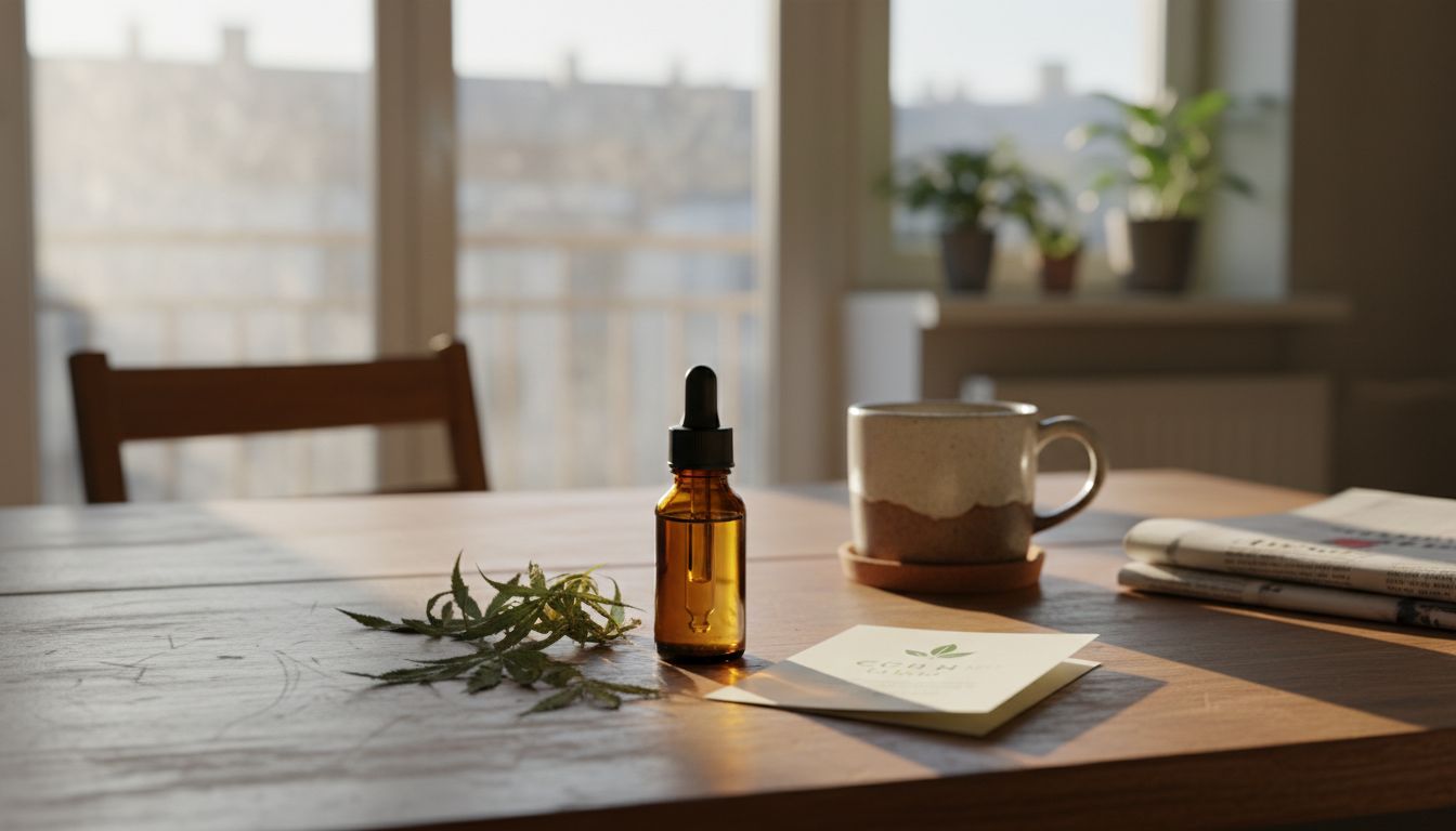 CBD oil bottle with hemp leaf on kitchen table
