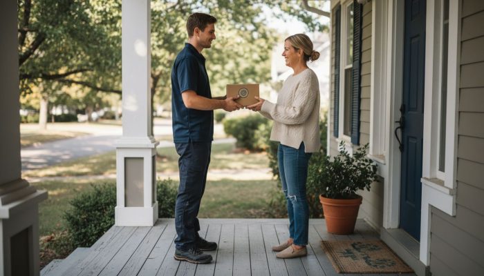 Cannabis delivery driver at customer doorstep