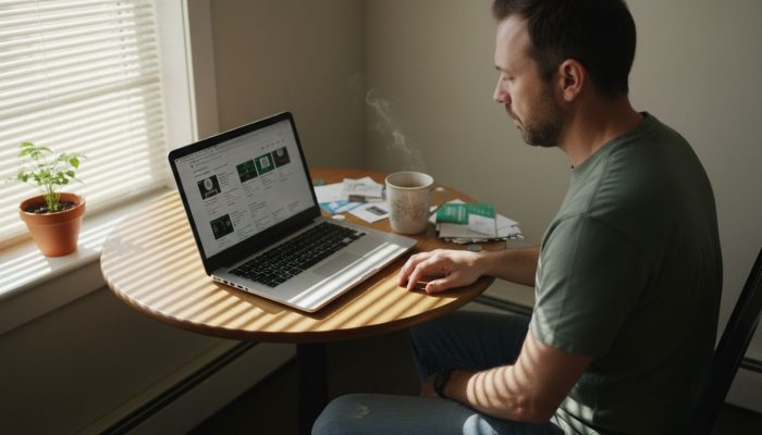 Man browsing online cannabis shop in kitchen