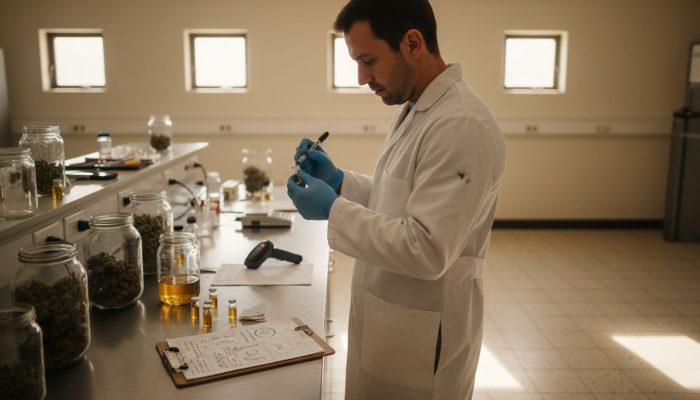 Lab technician labeling cannabis sample