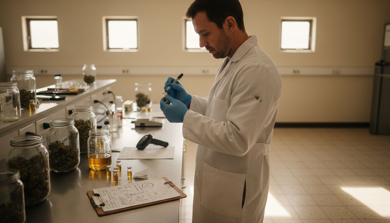 Lab technician labeling cannabis sample